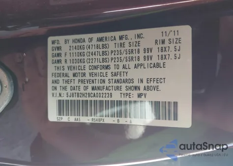 2012 Acura Rdx из США, поврежденный, VIN 5J8TB2H29CA002239